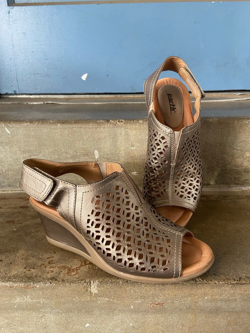Earth “Cascade” platinum perforated leather slingback wedge sandal